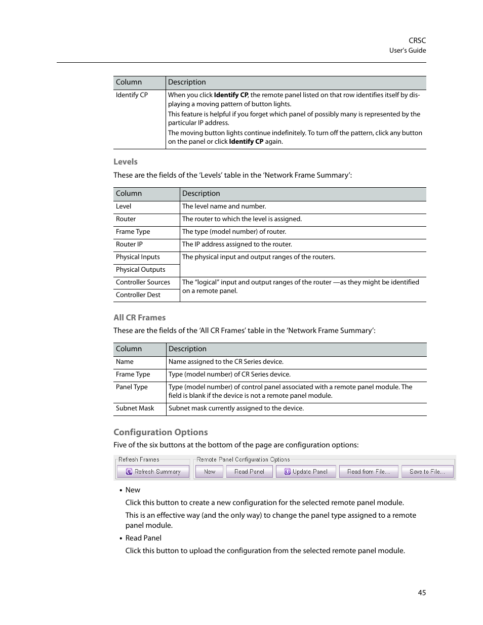 Configuration options, Levels, All cr frames | Read panel | Grass Valley CRSC v.3.2 User Manual | Page 57 / 186