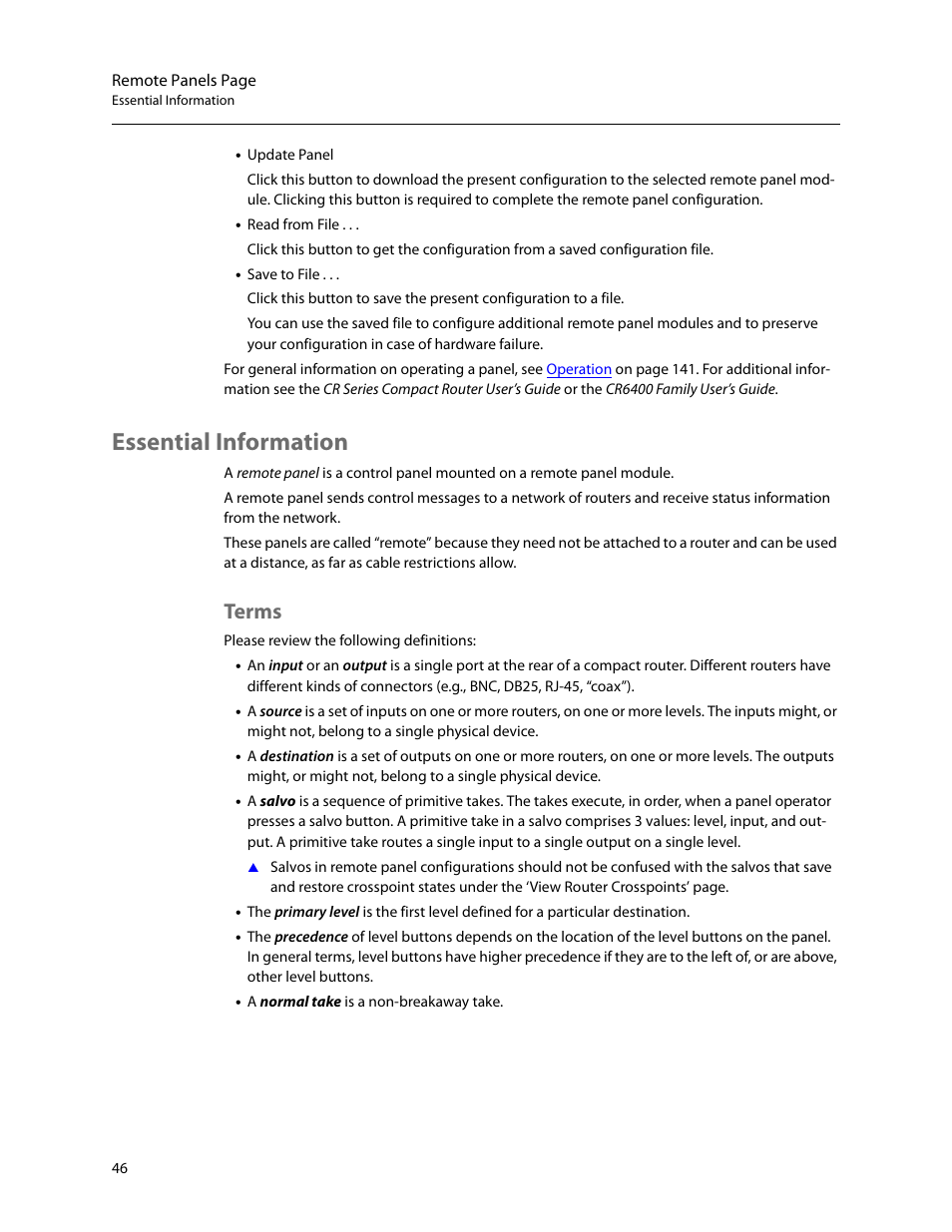Essential information, Terms, Update panel | Read from file, Save to file | Grass Valley CRSC v.3.2 User Manual | Page 58 / 186