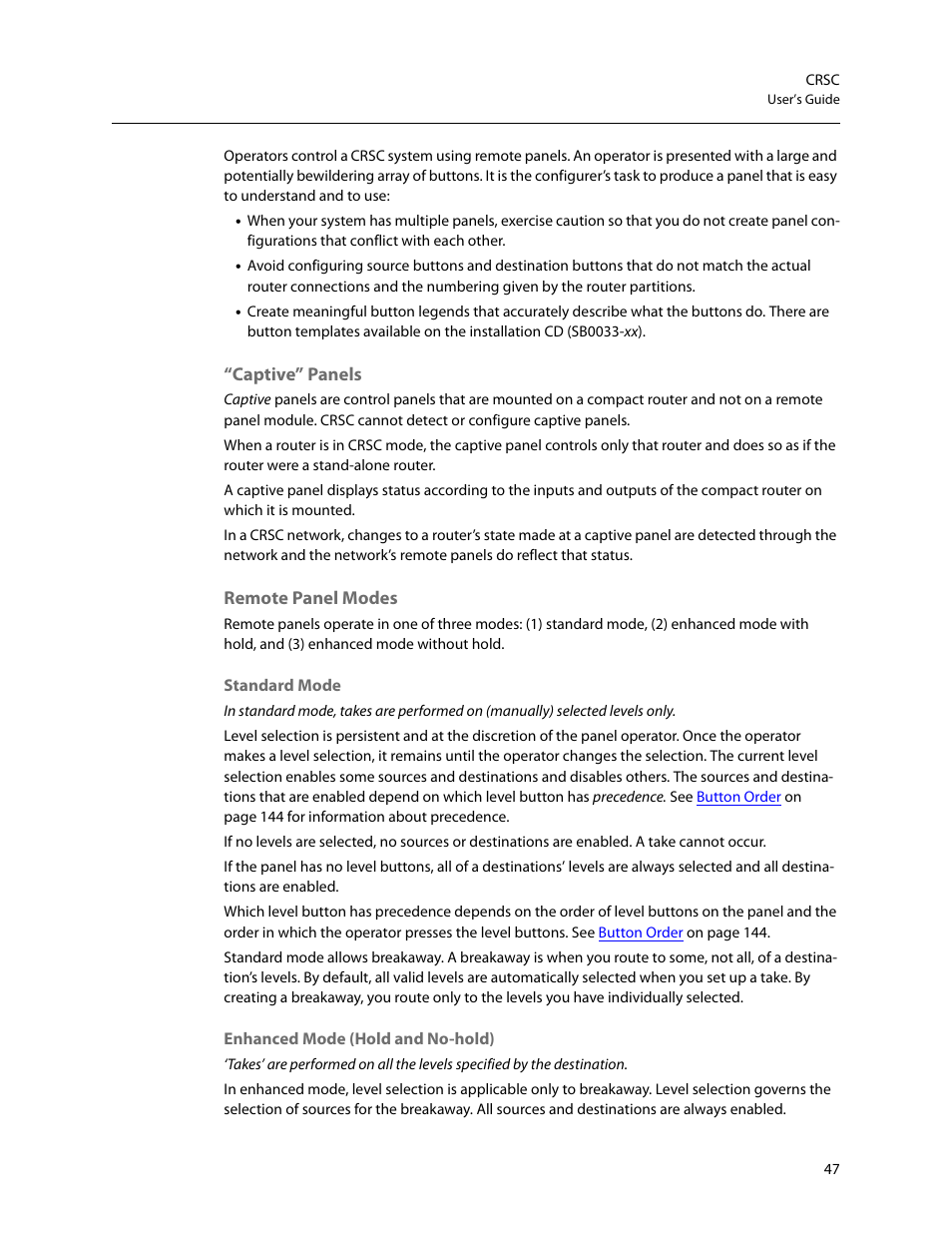 Captive” panels remote panel modes | Grass Valley CRSC v.3.2 User Manual | Page 59 / 186