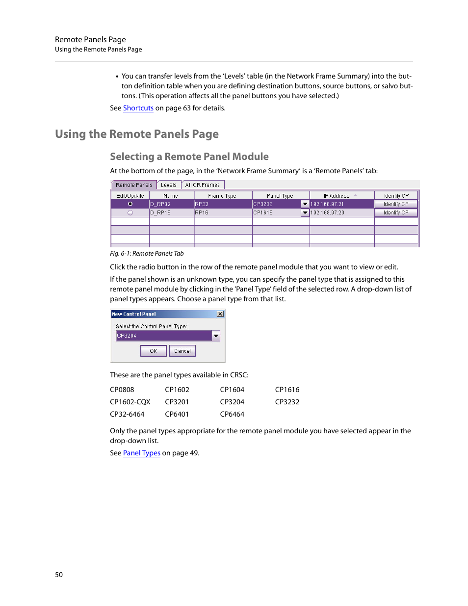Selecting a remote panel module, Using the remote panels page | Grass Valley CRSC v.3.2 User Manual | Page 62 / 186