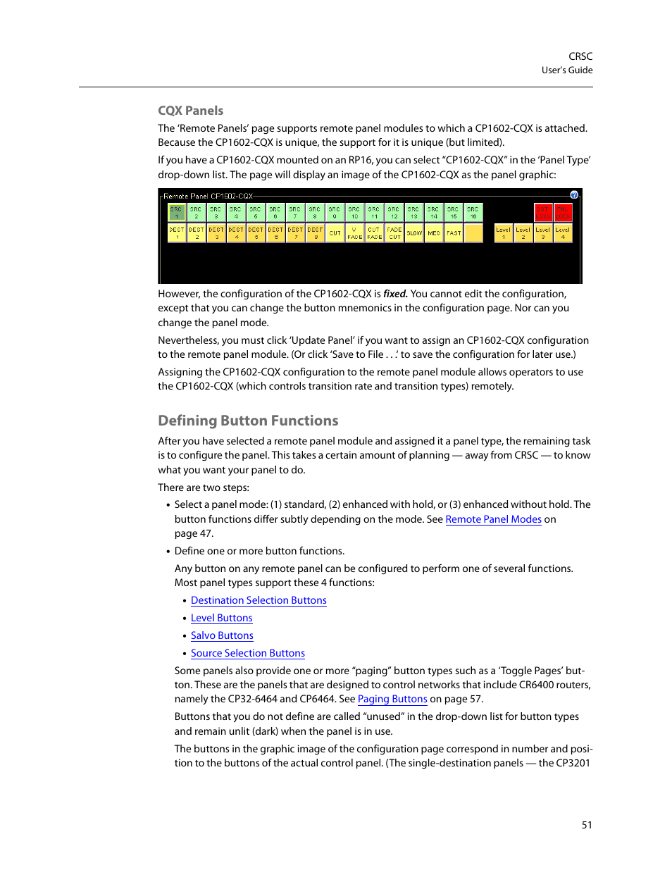Defining button functions, Cqx panels | Grass Valley CRSC v.3.2 User Manual | Page 63 / 186