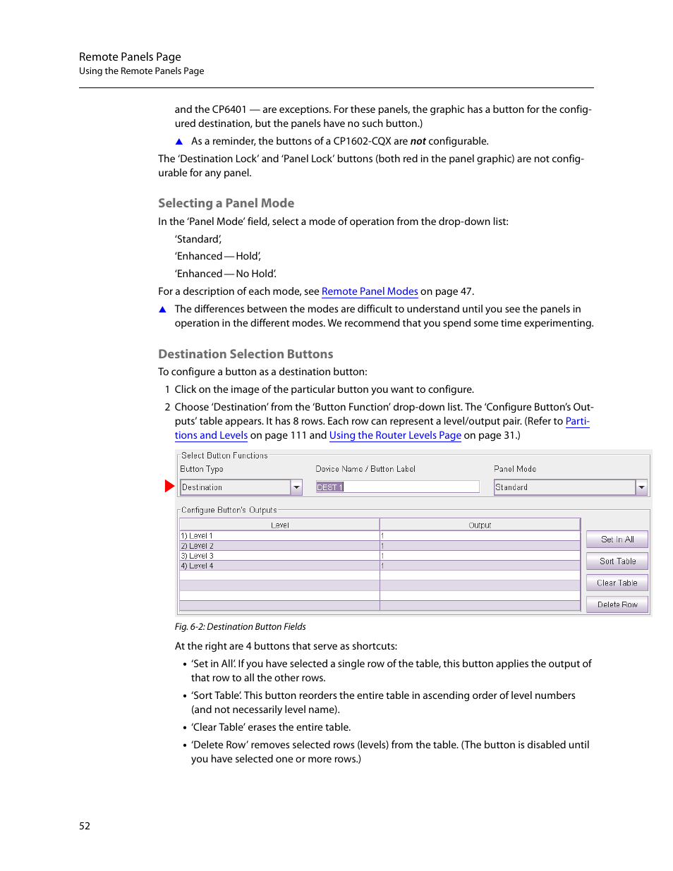 Destination selection buttons, Selecting a panel mode | Grass Valley CRSC v.3.2 User Manual | Page 64 / 186