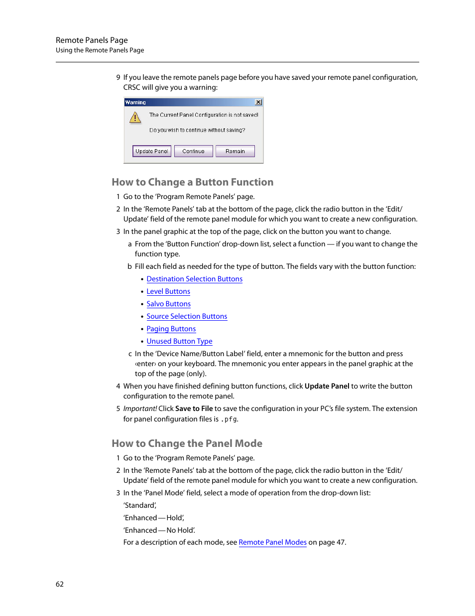 How to change a button function, How to change the panel mode | Grass Valley CRSC v.3.2 User Manual | Page 74 / 186