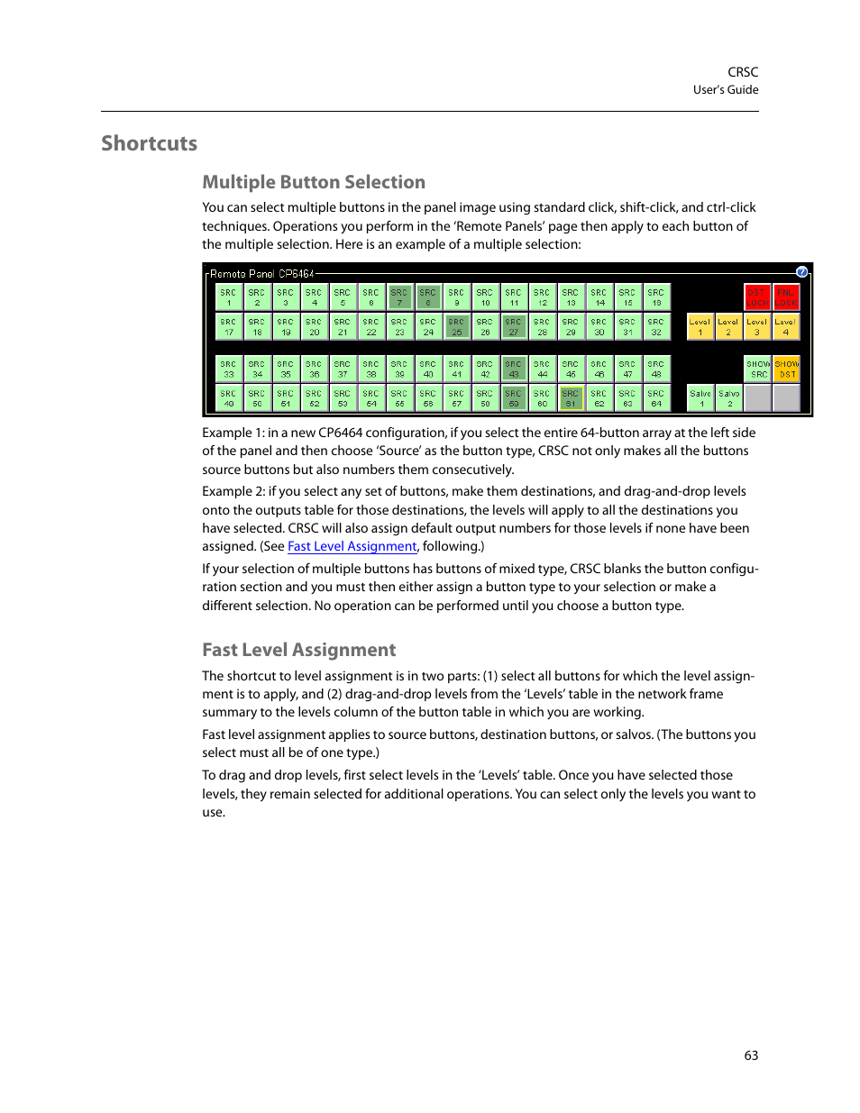 Shortcuts, Multiple button selection, Fast level assignment | Multiple button selection fast level assignment, Fast, Level assignment | Grass Valley CRSC v.3.2 User Manual | Page 75 / 186