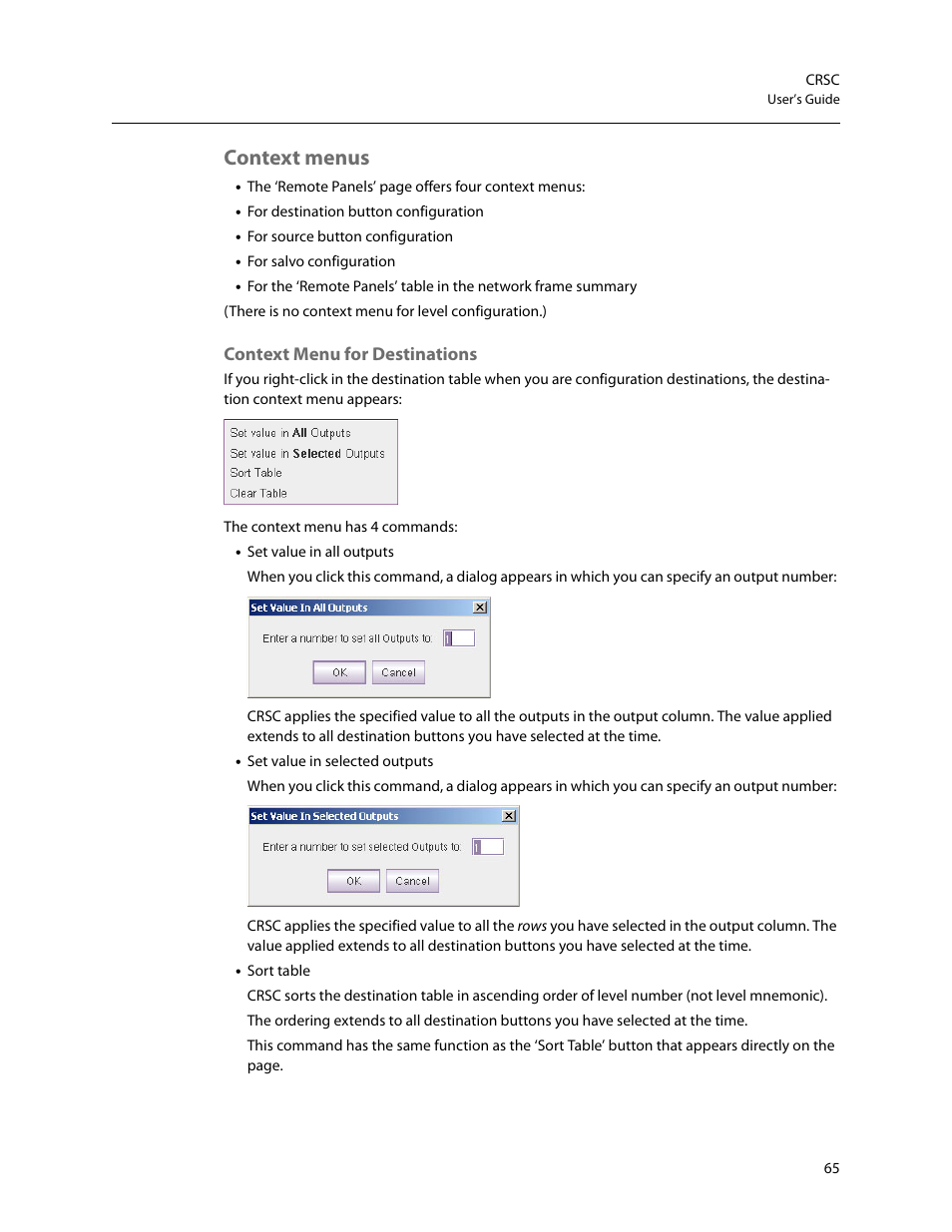 Context menus, Context menu for destinations | Grass Valley CRSC v.3.2 User Manual | Page 77 / 186