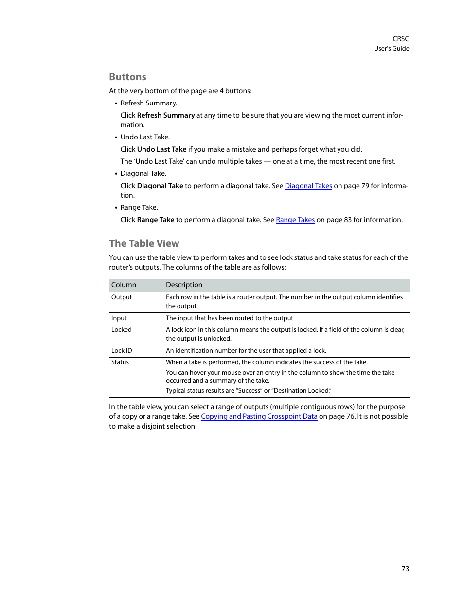 Buttons, The table view, Buttons the table view | Grass Valley CRSC v.3.2 User Manual | Page 85 / 186