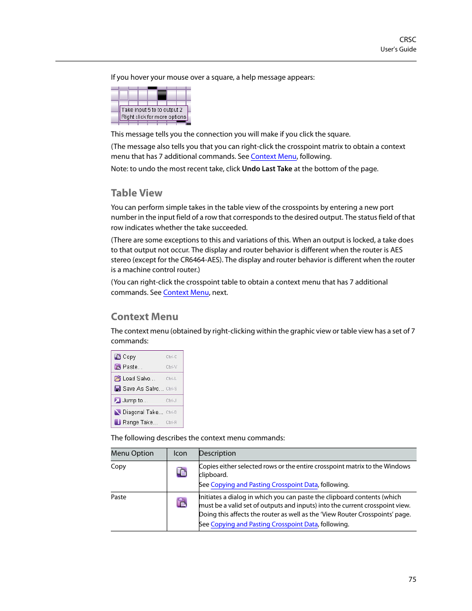 Table view, Context menu, Table view context menu | Grass Valley CRSC v.3.2 User Manual | Page 87 / 186