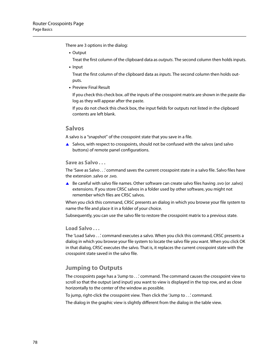 Salvos, Jumping to outputs, Save as salvo load salvo | Grass Valley CRSC v.3.2 User Manual | Page 90 / 186