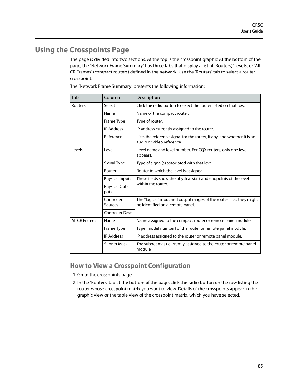 How to view a crosspoint configuration, Using the crosspoints page | Grass Valley CRSC v.3.2 User Manual | Page 97 / 186