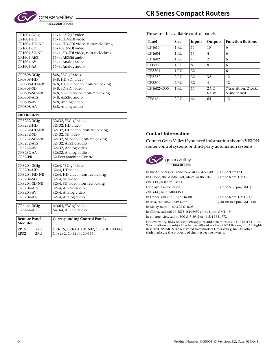 Cr series compact routers, Contact information | Grass Valley CR Series Quick Start v.3.2 User Manual | Page 10 / 10