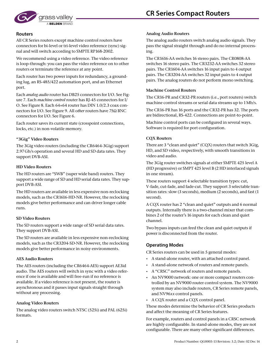 Cr series compact routers, Routers, Operating modes | Grass Valley CR Series Quick Start v.3.2 User Manual | Page 2 / 10