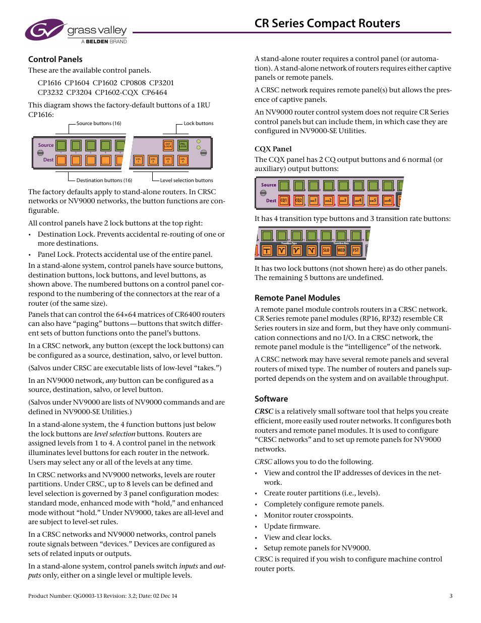 Cr series compact routers, Control panels, Remote panel modules | Software, Create router partitions (i.e., levels), Completely configure remote panels, Monitor router crosspoints, Update firmware, View and clear locks | Grass Valley CR Series Quick Start v.3.2 User Manual | Page 3 / 10