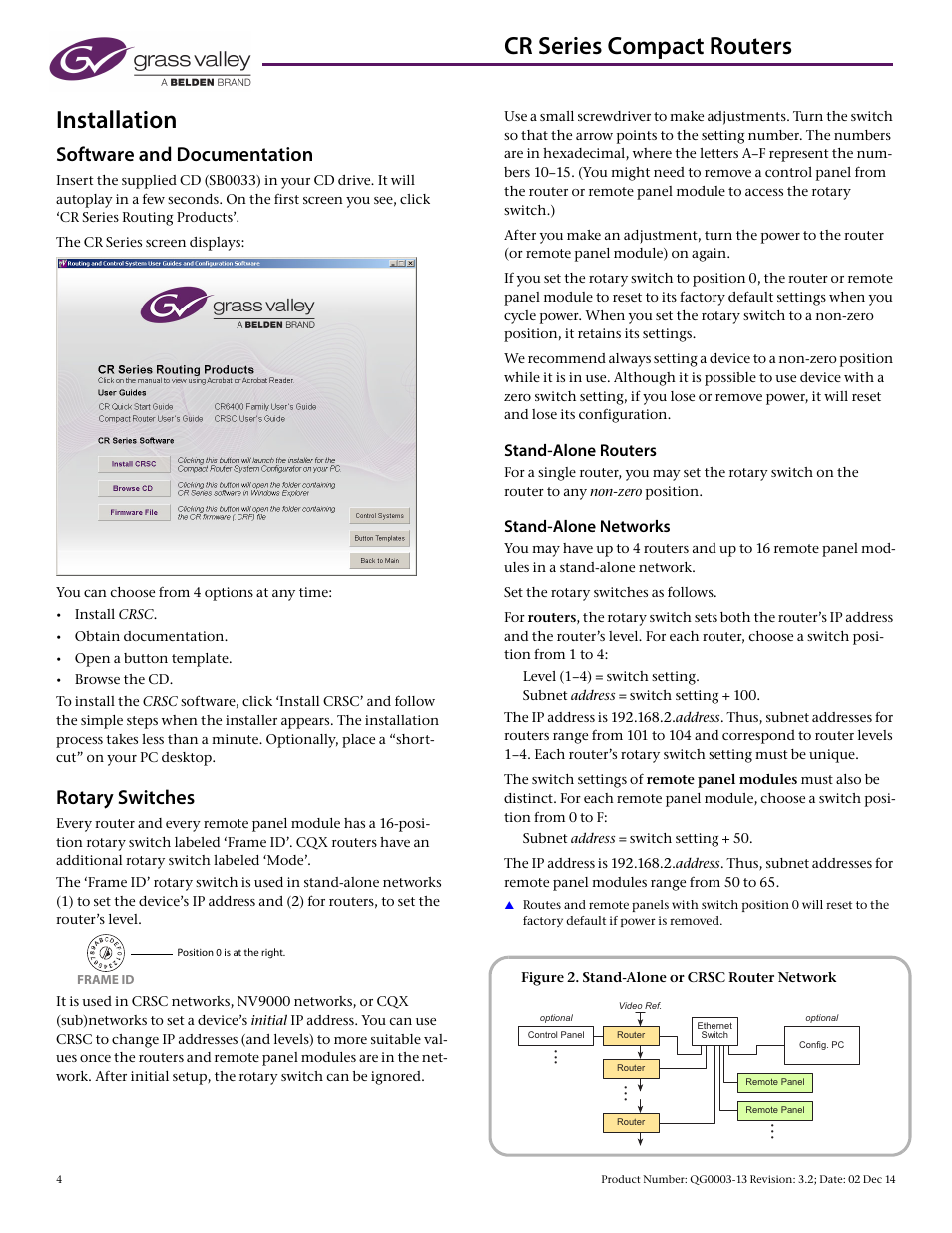 Cr series compact routers installation, Software and documentation, Rotary switches | Stand-alone routers, Stand-alone networks | Grass Valley CR Series Quick Start v.3.2 User Manual | Page 4 / 10