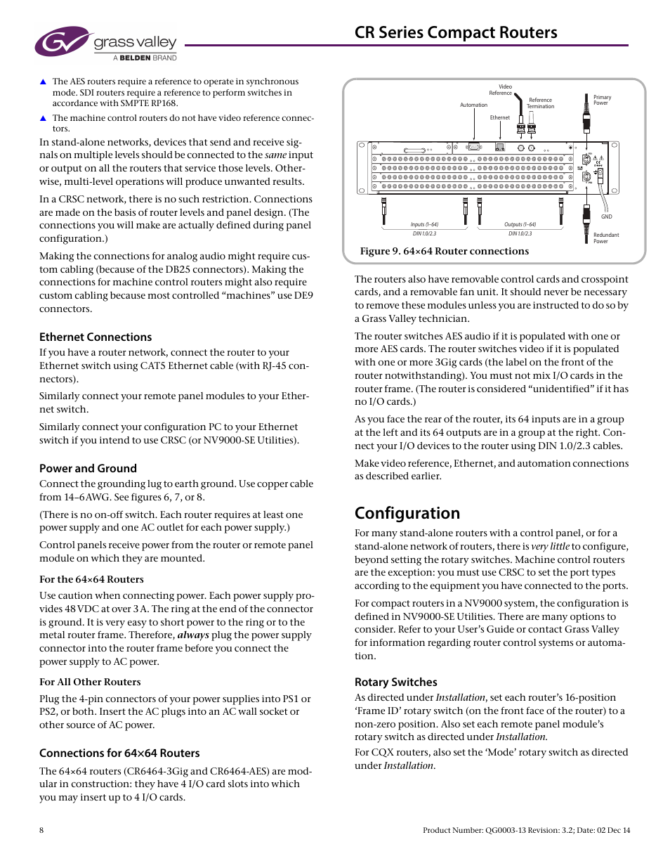 Cr series compact routers, Configuration, Ethernet connections | Power and ground, Connections for 64×64 routers, Rotary switches | Grass Valley CR Series Quick Start v.3.2 User Manual | Page 8 / 10