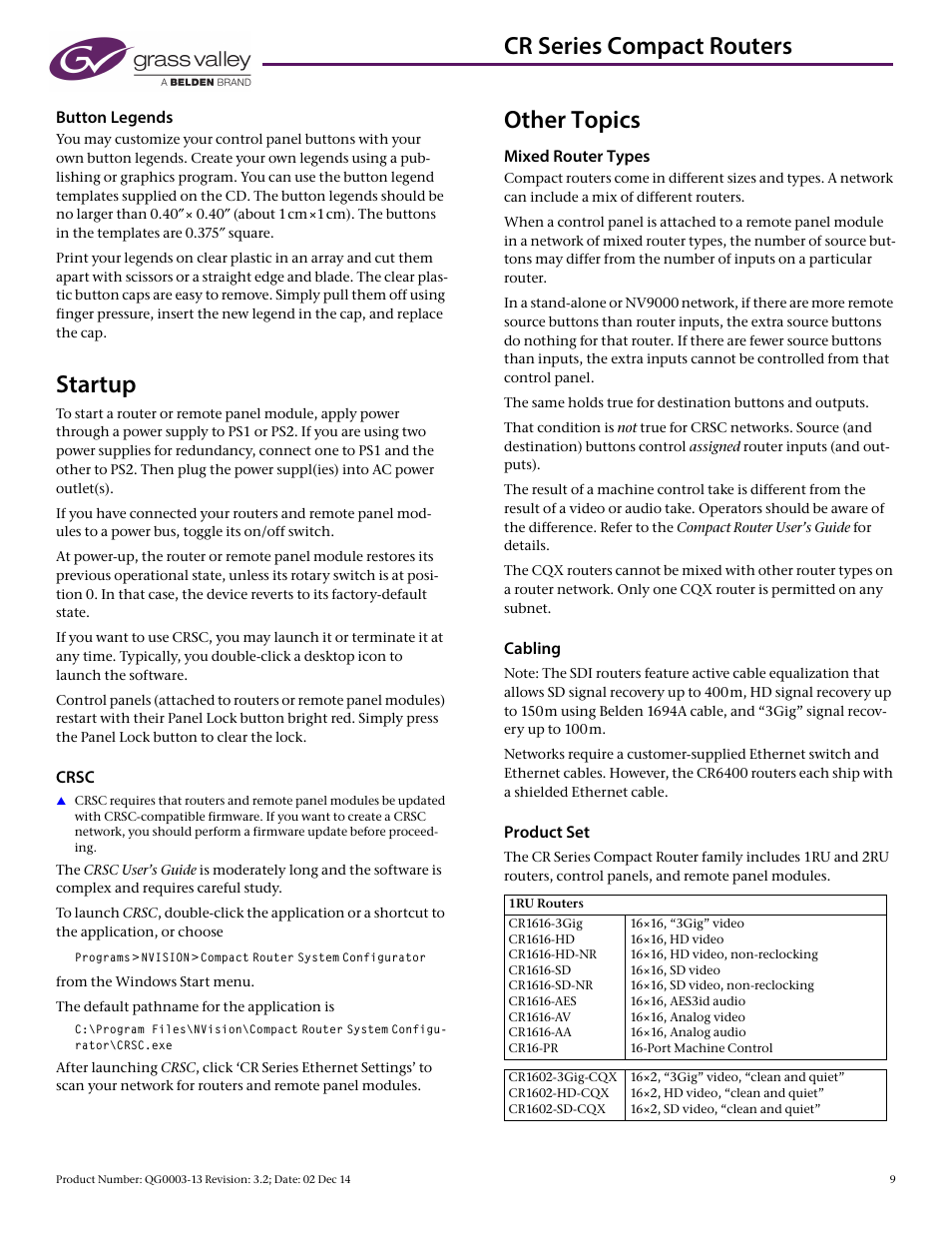 Cr series compact routers, Startup, Other topics | Button legends, Crsc, Mixed router types, Cabling, Product set | Grass Valley CR Series Quick Start v.3.2 User Manual | Page 9 / 10