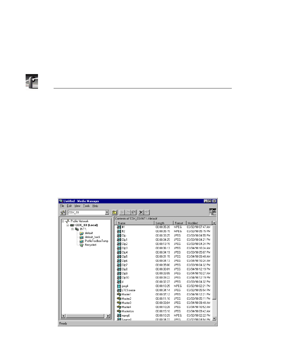 Starting and exiting the media manager, Media manager window | Grass Valley PROFILE FAMILY v.2.5 User Manual | Page 106 / 394