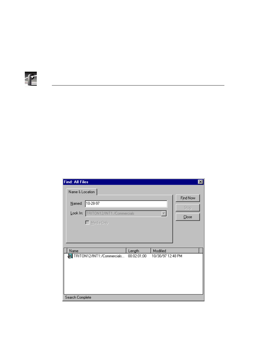 Finding clips and masters, Find dialog box | Grass Valley PROFILE FAMILY v.2.5 User Manual | Page 128 / 394