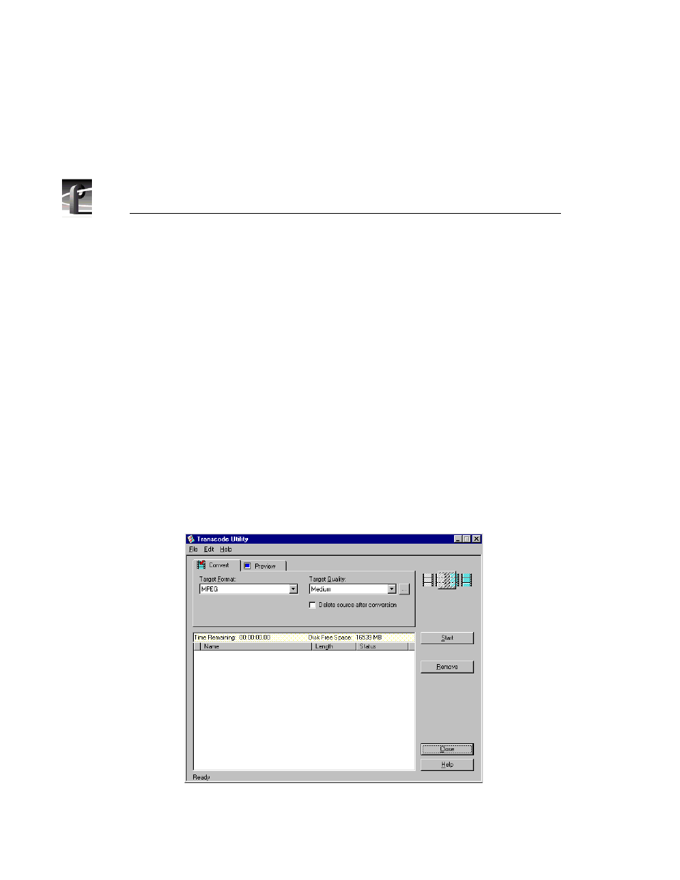 Using the transcode utility, Transcode utility window | Grass Valley PROFILE FAMILY v.2.5 User Manual | Page 130 / 394