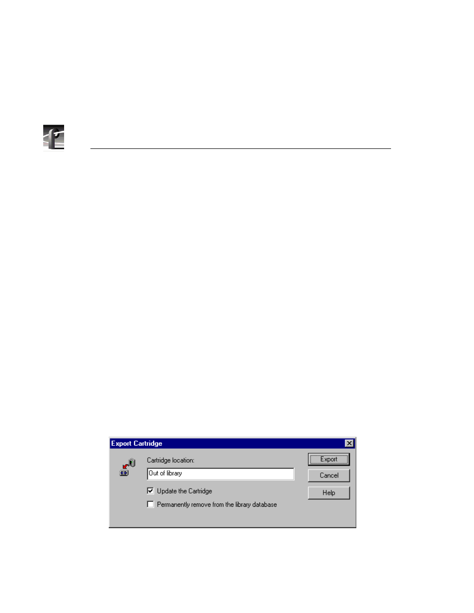 Exporting a cartridge, Export cartridge dialog box | Grass Valley PROFILE FAMILY v.2.5 User Manual | Page 142 / 394