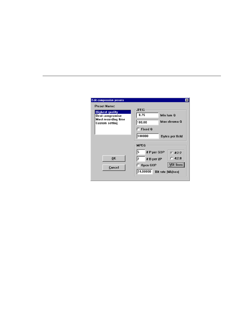 Selecting vertical blanking interval storage lines, Edit compression presets dialog box, In figure | Grass Valley PROFILE FAMILY v.2.5 User Manual | Page 171 / 394