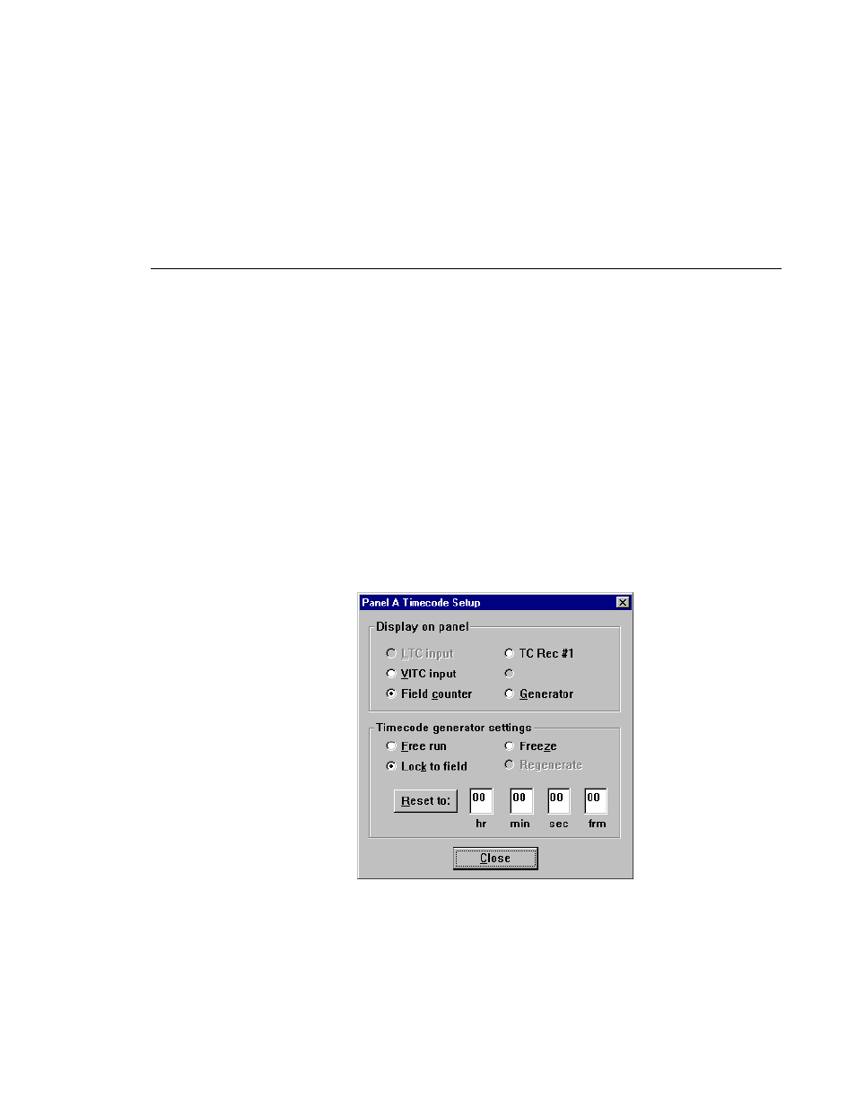 Setting timecode, Selecting how to display timecode on a panel, Timecode setup dialog box | Grass Valley PROFILE FAMILY v.2.5 User Manual | Page 177 / 394