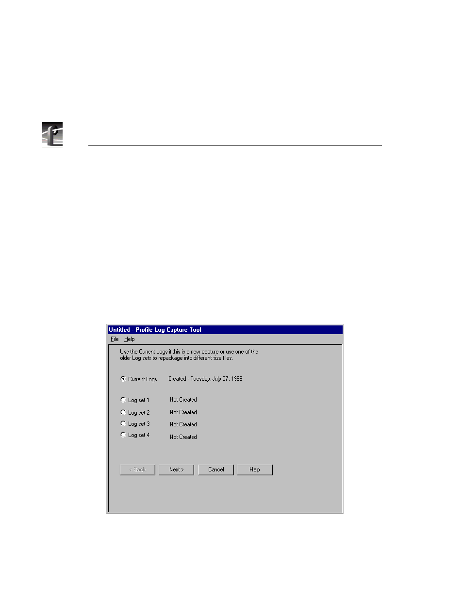 Log capture tool, 107 log set selection screen | Grass Valley PROFILE FAMILY v.2.5 User Manual | Page 214 / 394
