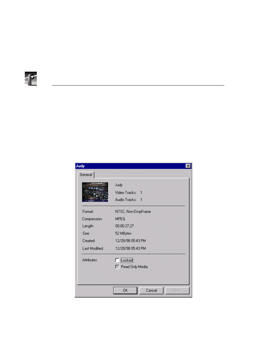 Viewing media properties, 121 properties dialog box | Grass Valley PROFILE FAMILY v.2.5 User Manual | Page 262 / 394