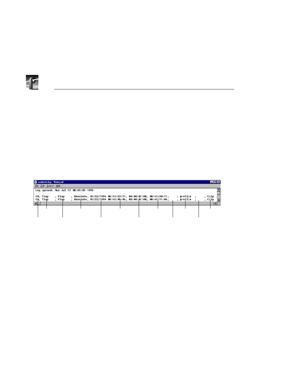 Using the event log, 147 an example of a log file | Grass Valley PROFILE FAMILY v.2.5 User Manual | Page 312 / 394