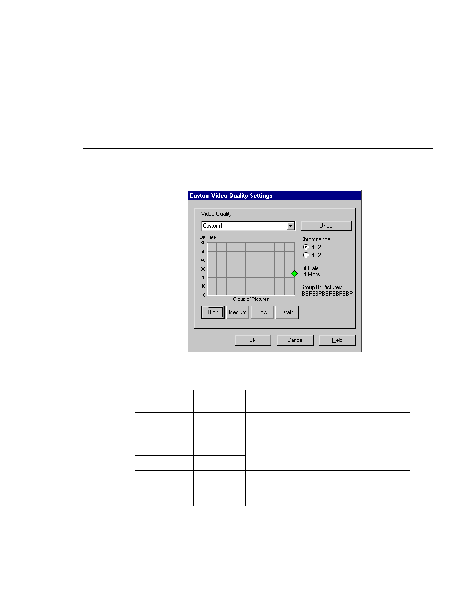 152 custom video quality settings dialog box, mpeg, Mpeg video quality settings, Configuring video resources | Grass Valley PROFILE FAMILY v.2.5 User Manual | Page 319 / 394