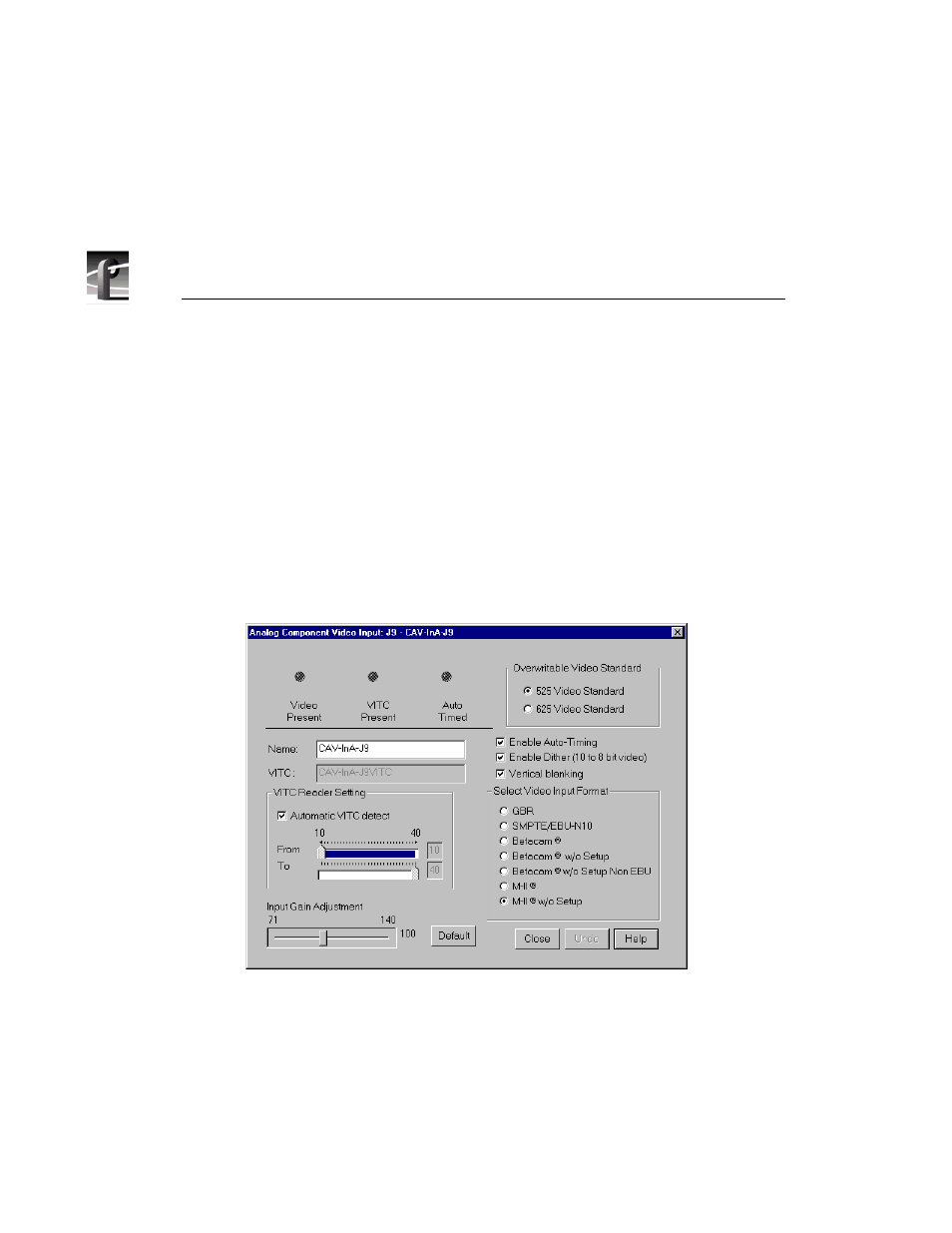 Analog component video input, Component analog video input dialog box (cav) | Grass Valley PROFILE FAMILY v.2.5 User Manual | Page 62 / 394