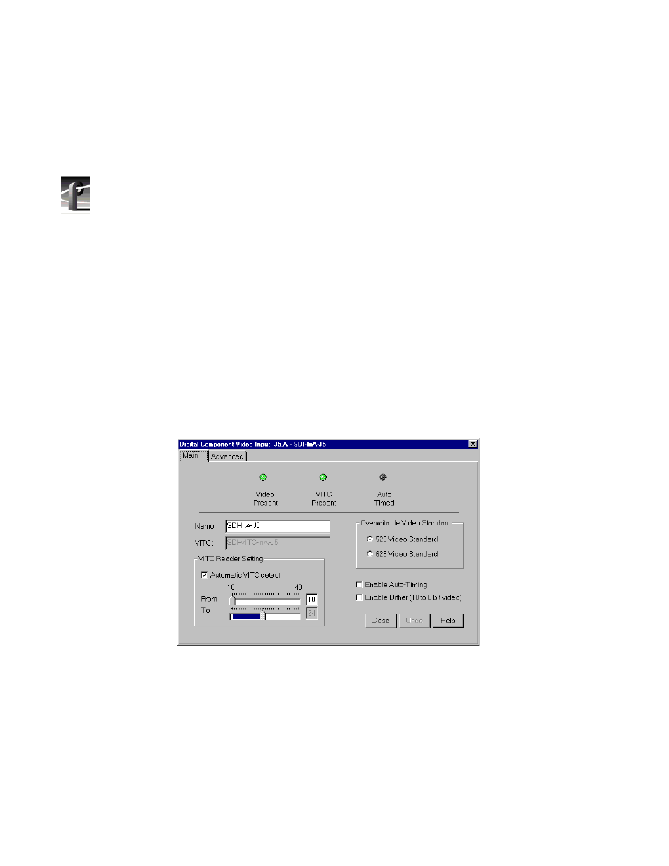 Serial digital component video input, Serial digital component video input dialog box | Grass Valley PROFILE FAMILY v.2.5 User Manual | Page 64 / 394