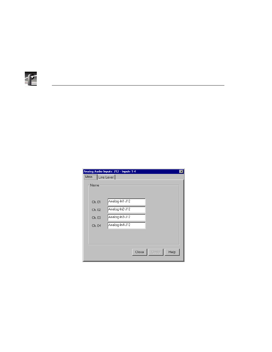 Analog audio input, Analog audio input dialog box, main tab | Grass Valley PROFILE FAMILY v.2.5 User Manual | Page 84 / 394