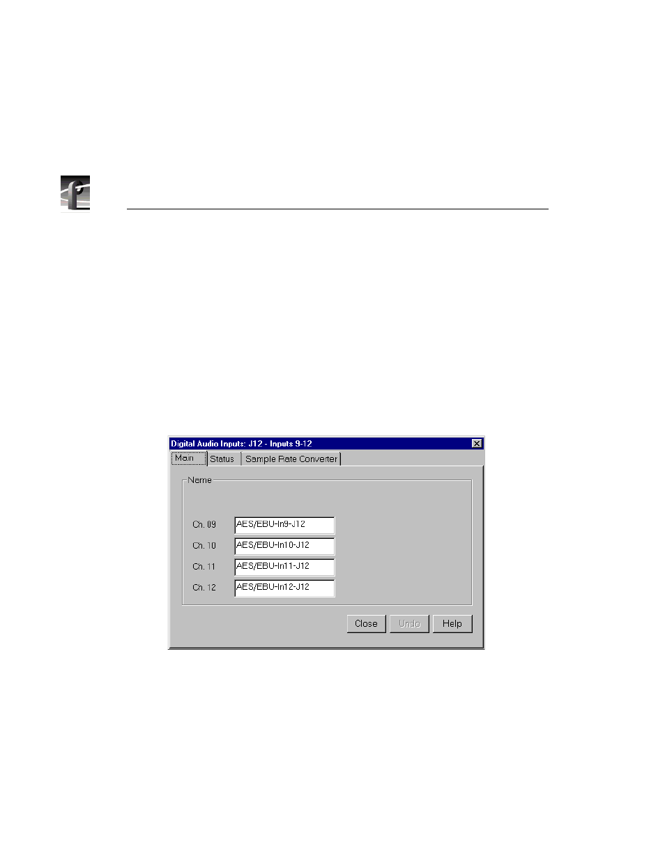Digital audio input, Digital audio input dialog box, main tab | Grass Valley PROFILE FAMILY v.2.5 User Manual | Page 86 / 394