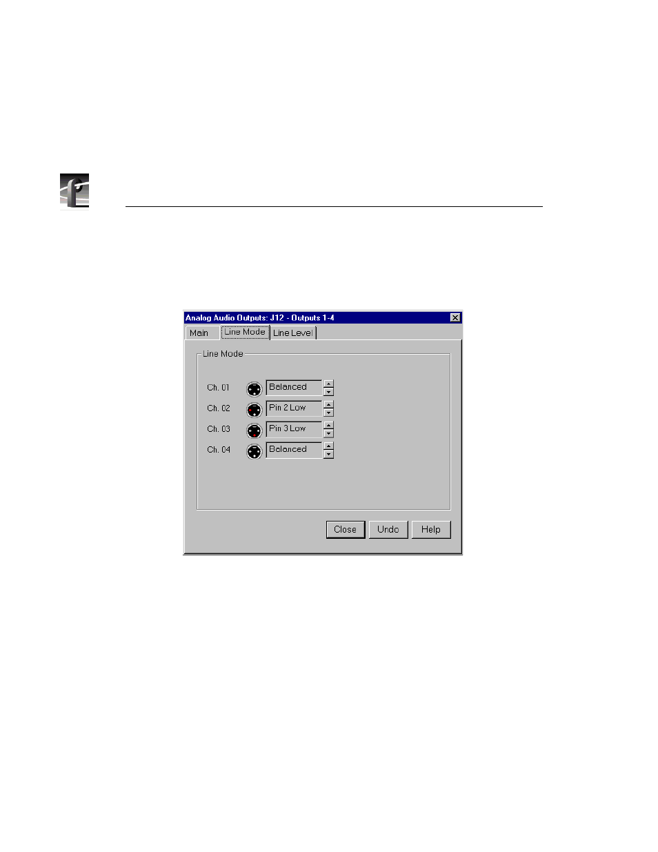 Analog audio output dialog box, line mode tab | Grass Valley PROFILE FAMILY v.2.5 User Manual | Page 90 / 394