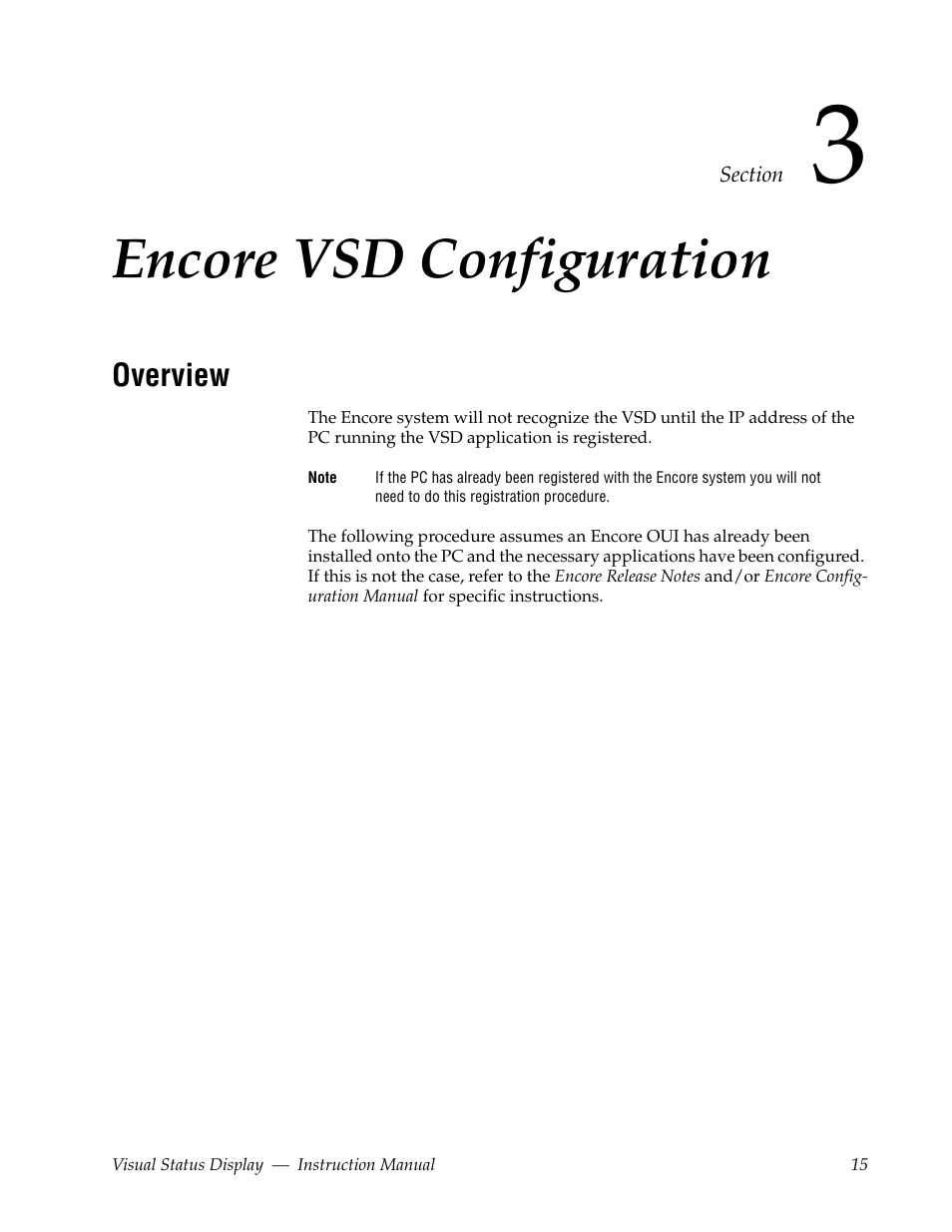 Encore vsd configuration, Overview, Section 3 — encore vsd configuration | Grass Valley Visual Status Display v.2.0 User Manual | Page 15 / 52