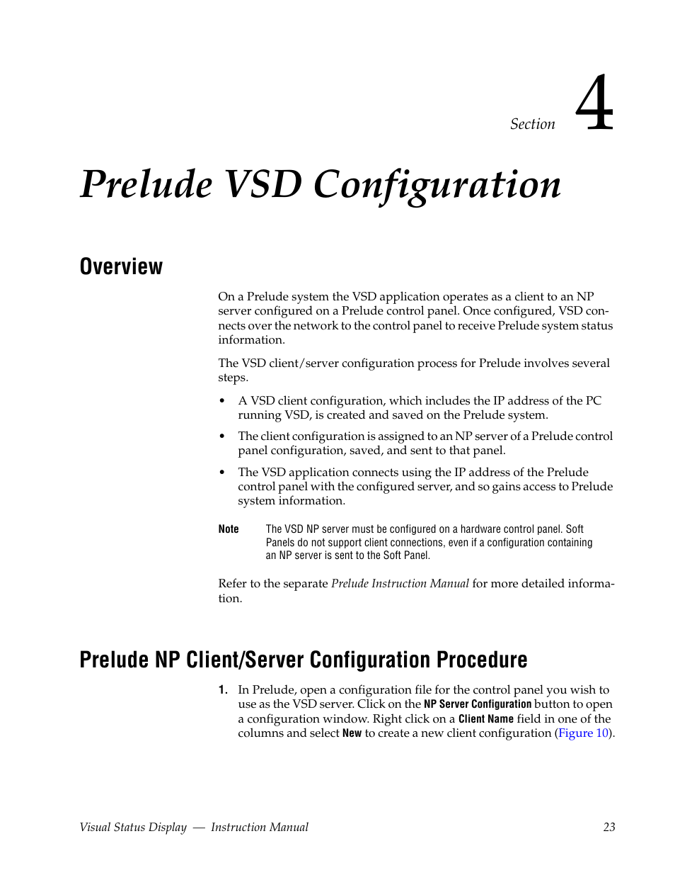 Prelude vsd configuration, Overview, Prelude np client/server configuration procedure | Section 4 — prelude vsd configuration | Grass Valley Visual Status Display v.2.0 User Manual | Page 23 / 52
