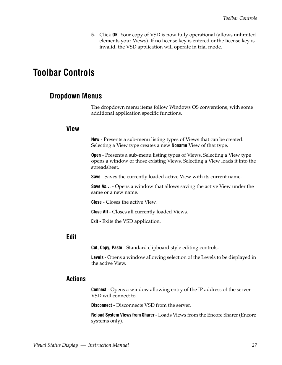 Toolbar controls, Dropdown menus, View | Edit, Actions | Grass Valley Visual Status Display v.2.0 User Manual | Page 27 / 52