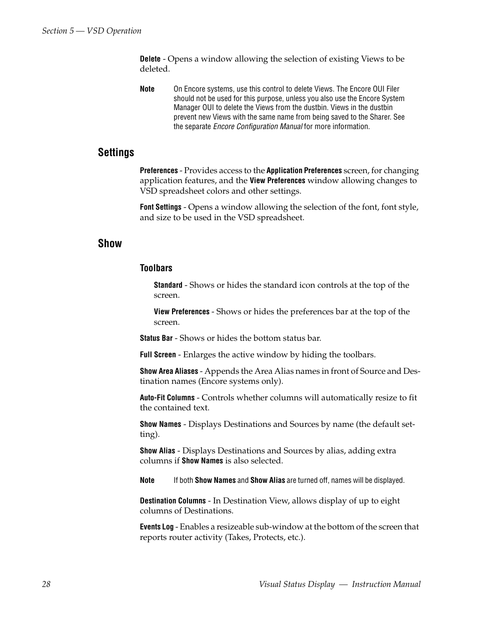 Settings, Show | Grass Valley Visual Status Display v.2.0 User Manual | Page 28 / 52