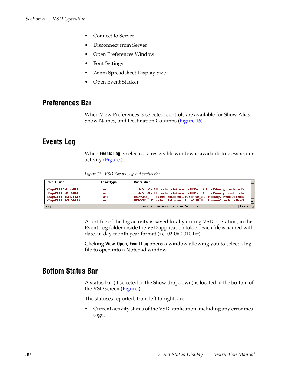 Preferences bar, Events log, Bottom status bar | Grass Valley Visual Status Display v.2.0 User Manual | Page 30 / 52