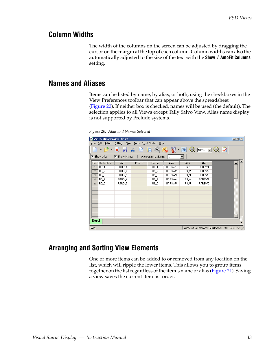 Column widths, Names and aliases, Arranging and sorting view elements | Grass Valley Visual Status Display v.2.0 User Manual | Page 33 / 52