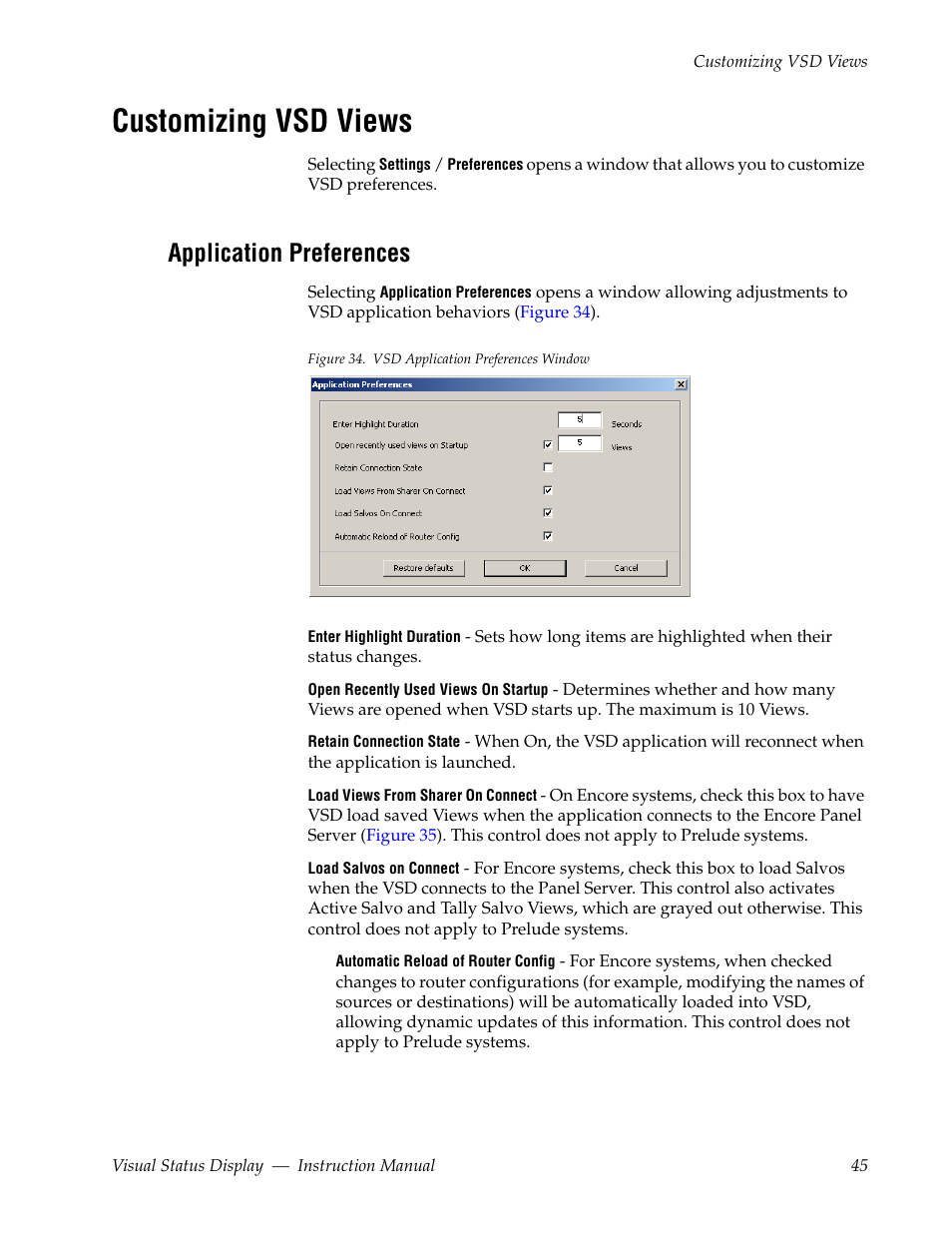 Customizing vsd views, Application preferences | Grass Valley Visual Status Display v.2.0 User Manual | Page 45 / 52