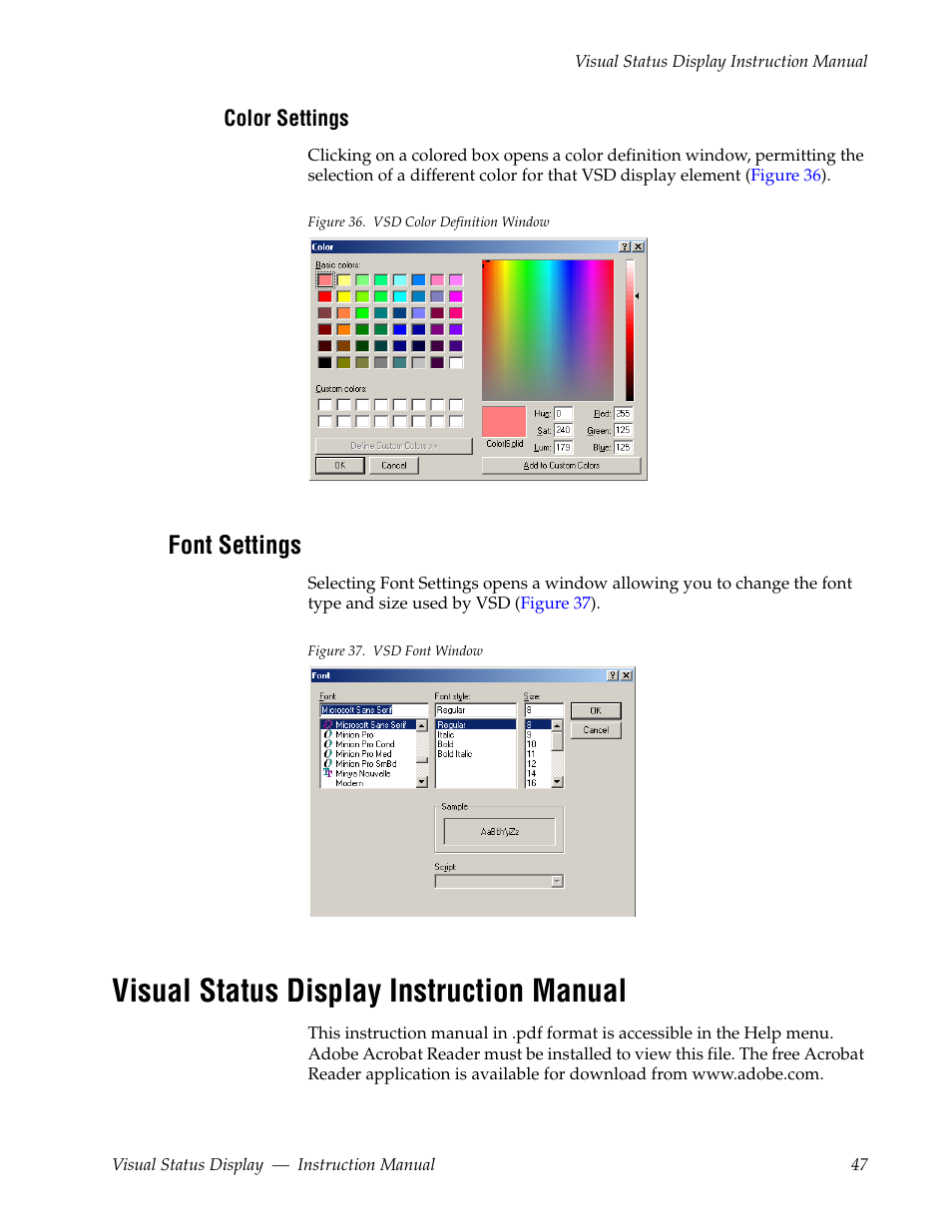 Color settings, Font settings, Visual status display instruction manual | Grass Valley Visual Status Display v.2.0 User Manual | Page 47 / 52