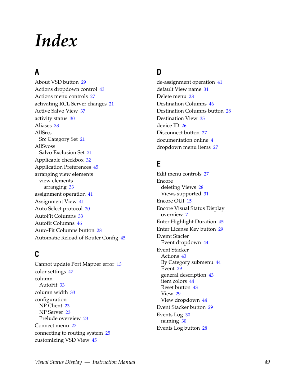 Index | Grass Valley Visual Status Display v.2.0 User Manual | Page 49 / 52