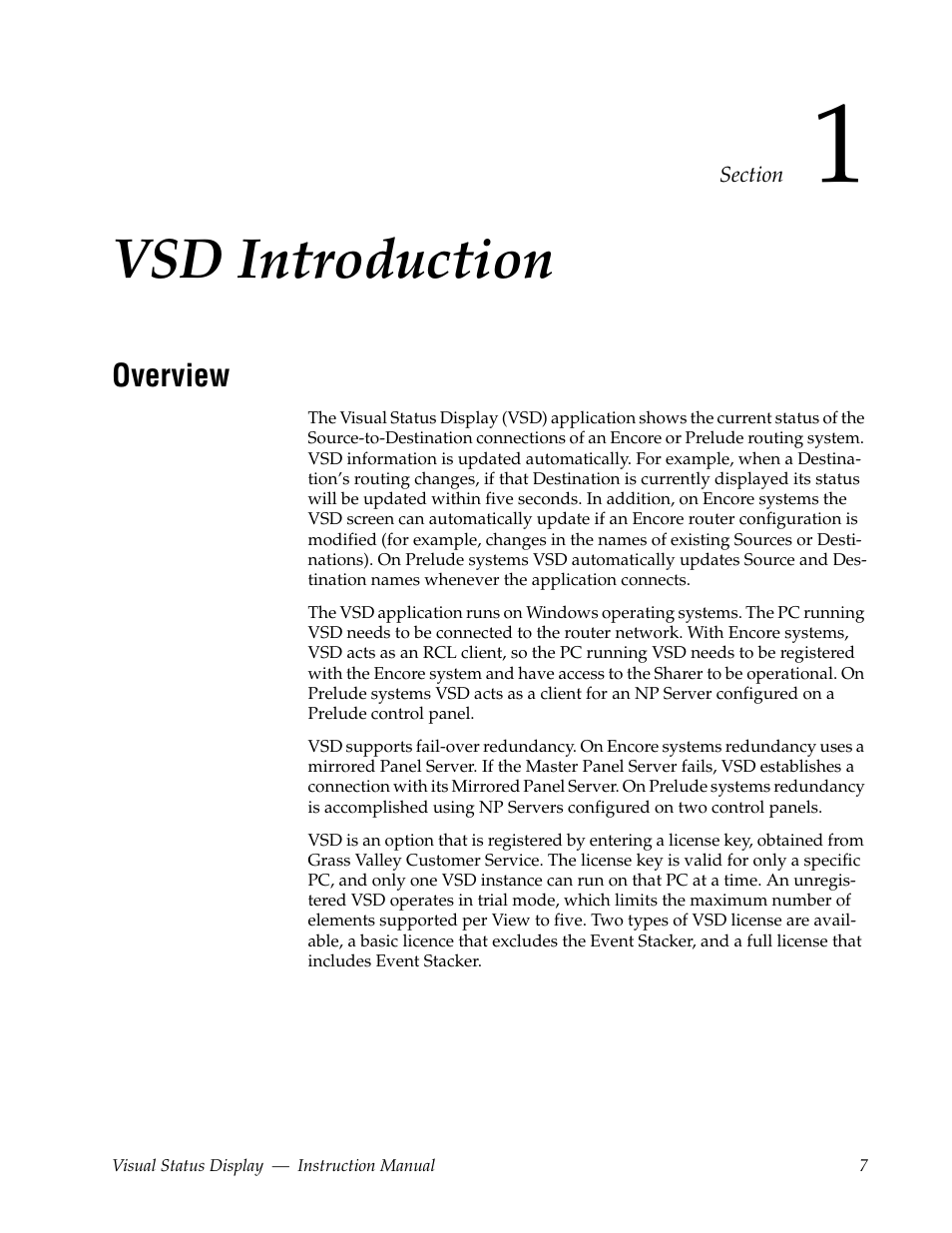 Vsd introduction, Overview, Section 1 — vsd introduction | Grass Valley Visual Status Display v.2.0 User Manual | Page 7 / 52