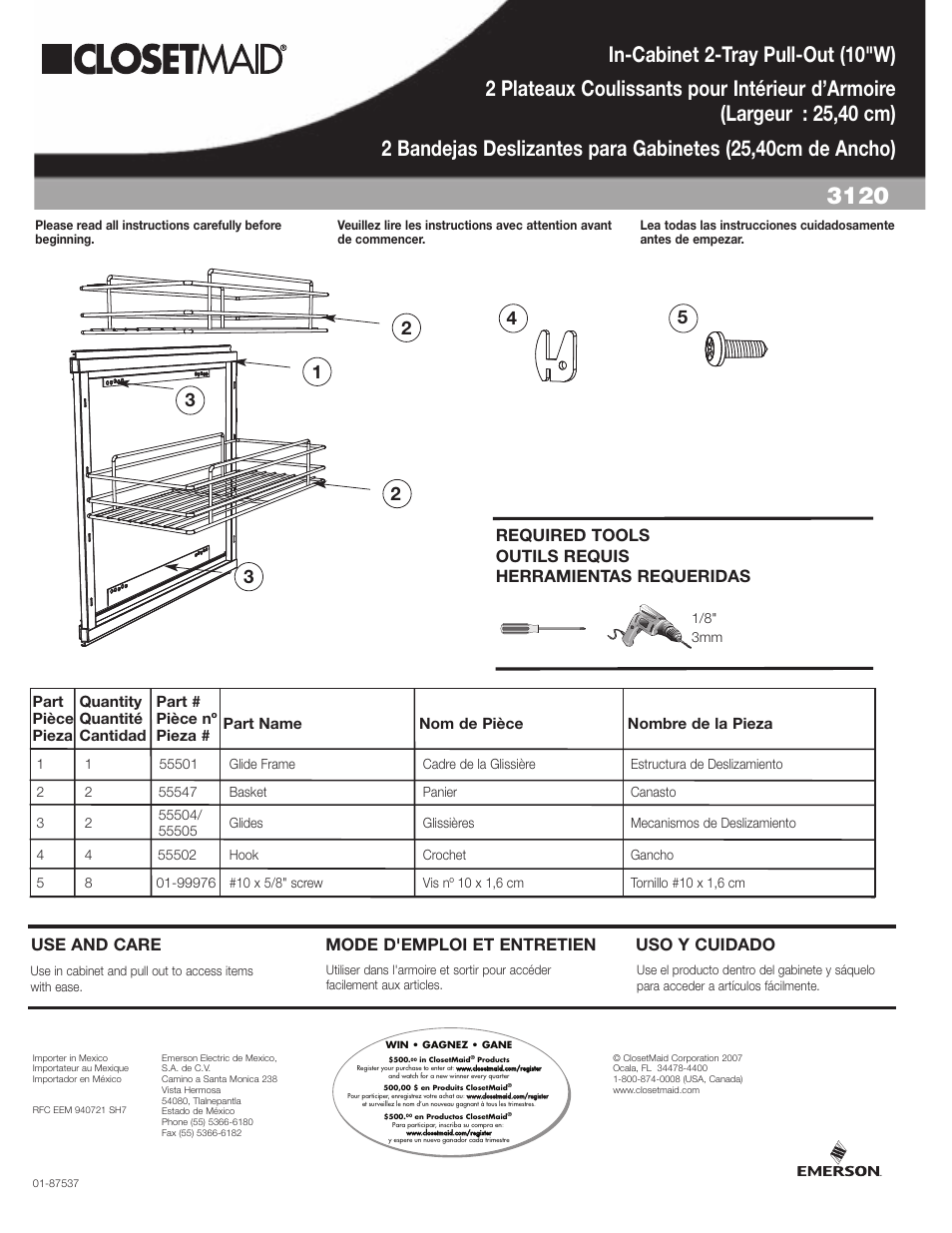 Closet Maid In-Cabinet 2-Tray Pull-Out 3120 User Manual | 2 pages