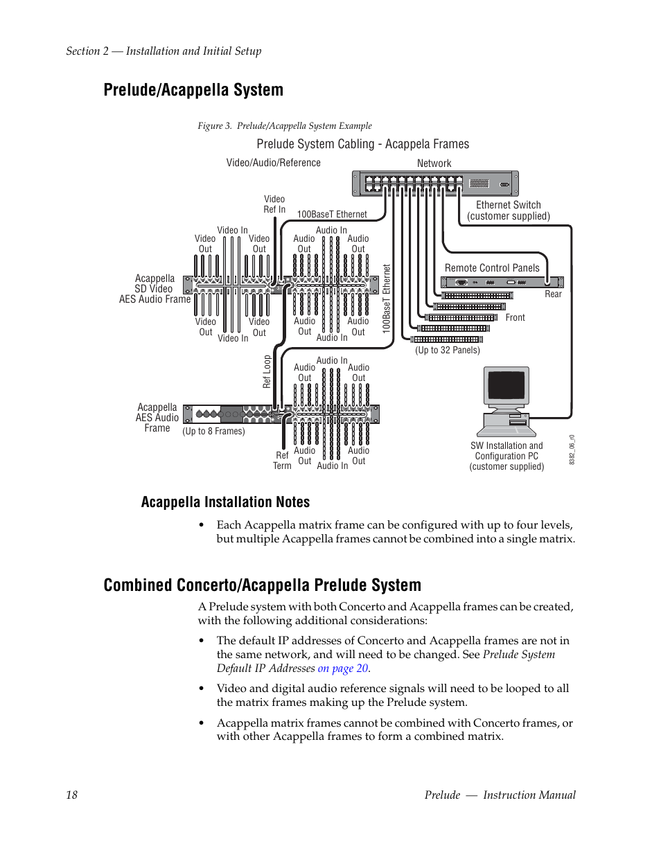 Prelude/acappella system, Acappella installation notes, Combined concerto/acappella prelude system | Prelude system cabling - acappela frames | Grass Valley Prelude v.3.0 User Manual | Page 18 / 102