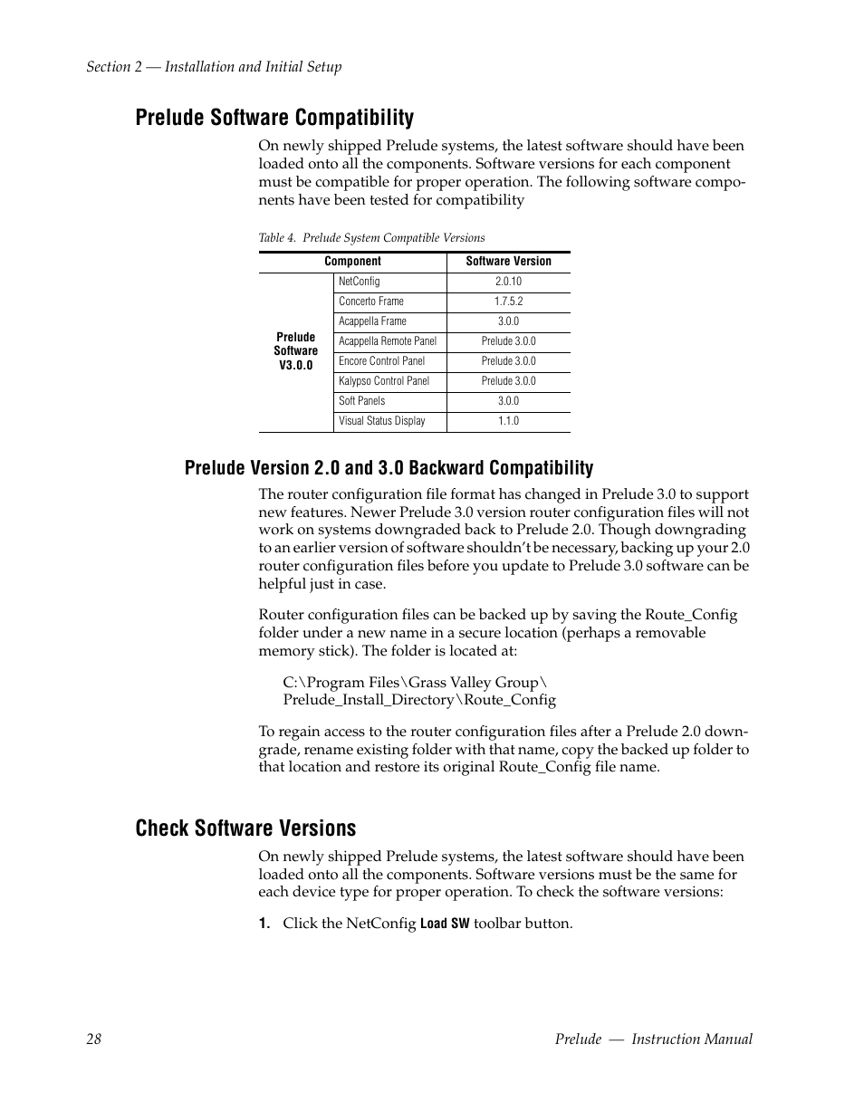 Prelude software compatibility, Prelude version 2.0 and 3.0 backward compatibility, Check software versions | Grass Valley Prelude v.3.0 User Manual | Page 28 / 102
