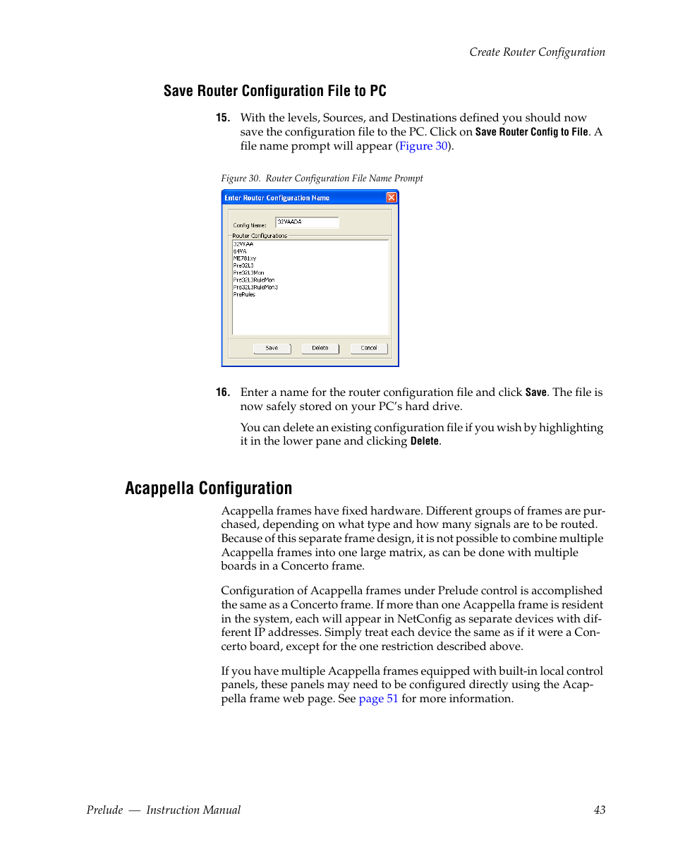 Save router configuration file to pc, Acappella configuration | Grass Valley Prelude v.3.0 User Manual | Page 43 / 102