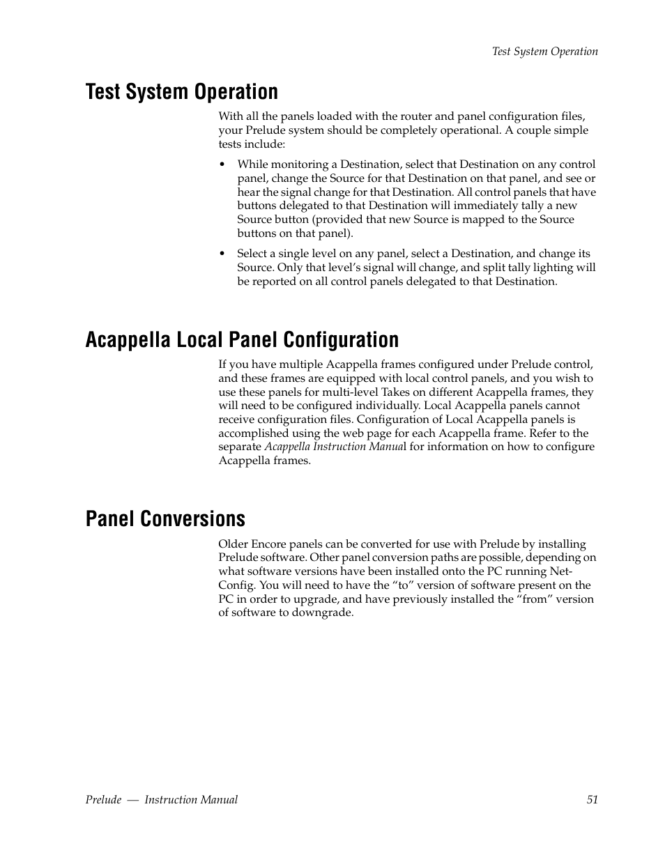 Test system operation, Acappella local panel configuration, Panel conversions | R use by encore. see panel conversions | Grass Valley Prelude v.3.0 User Manual | Page 51 / 102