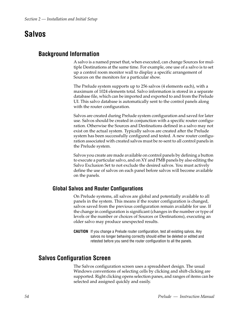Salvos, Background information, Global salvos and router configurations | Salvos configuration screen | Grass Valley Prelude v.3.0 User Manual | Page 54 / 102